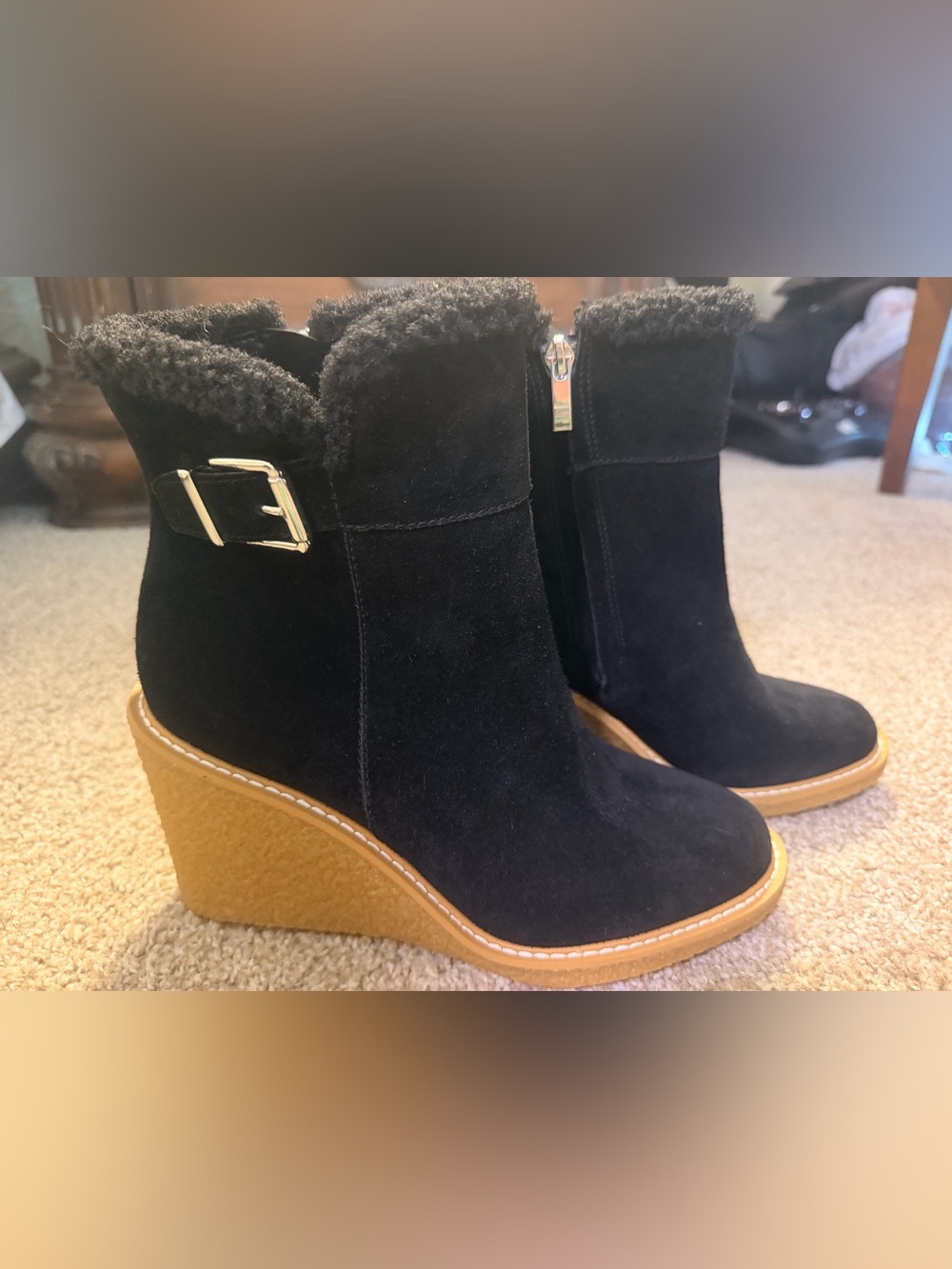 Franco Sarto Black Wedge Ankle Boots with Gold Buckle, Brand New Without Box